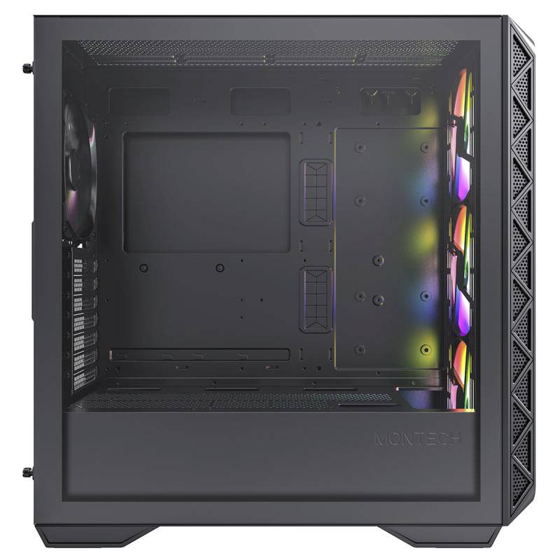 Black computer case with transparent side window and integrated colourful RGB lighting. Empty and ready for component installation.