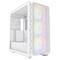 White PC case with illuminated fans at the front, side viewing window, and perforated front panel for ventilation.