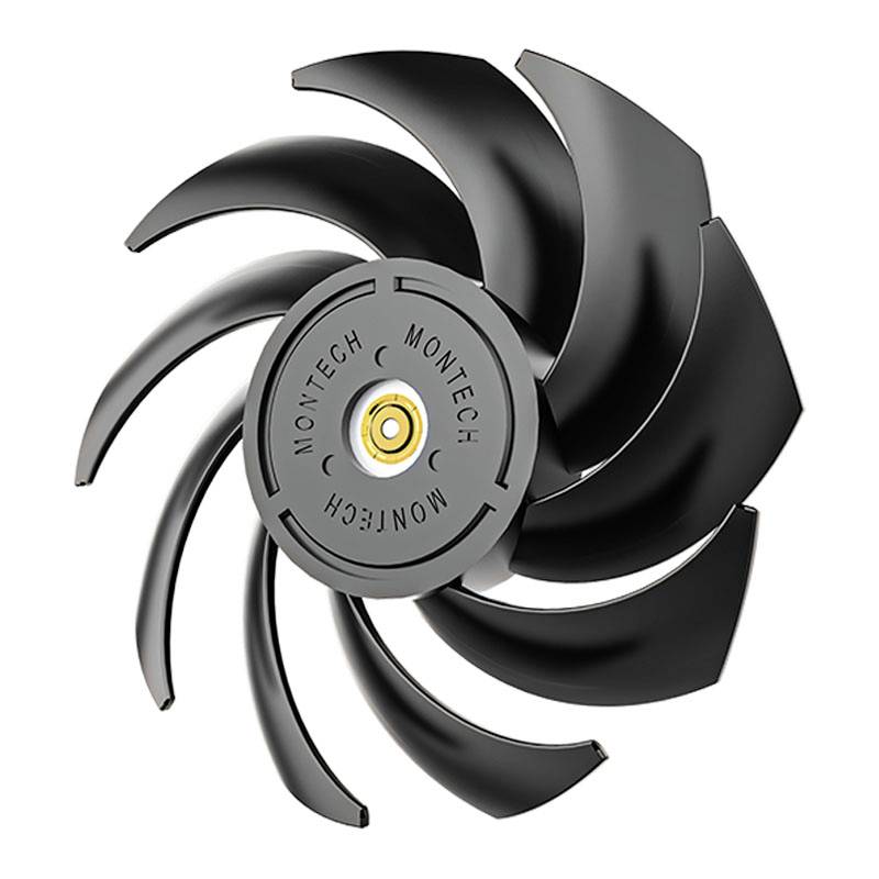 A black computer fan with multiple blade-like fins arranged in a screw-like pattern, with the brand name 'Montech' in the centre.