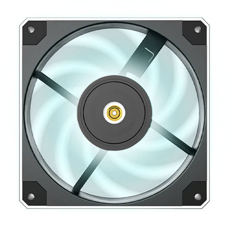 A square computer cooler with a glowing, transparent fan in blue light, mounted in a black frame.