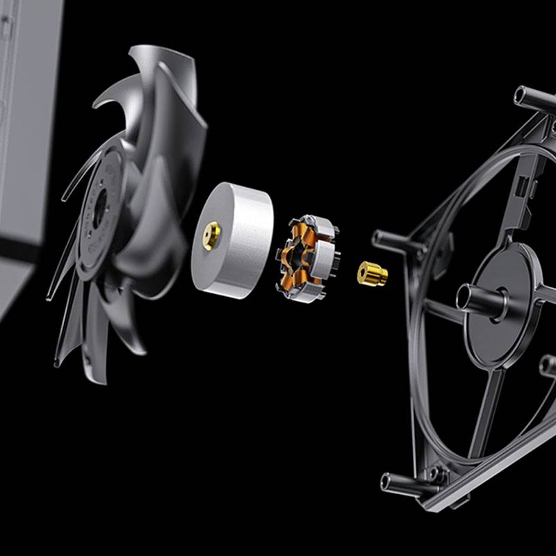Dismantled representation of a computer fan: rotor blades, hub, motor and frame shown as separate components against a black background.