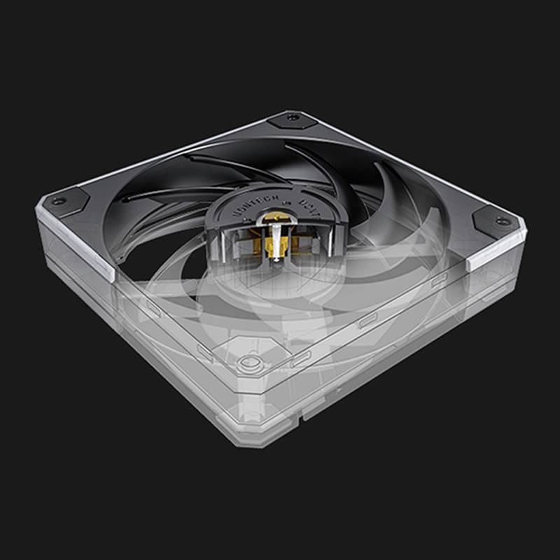 A black and silver computer fan with five curved blades lies on a dark background.