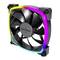 A computer fan with a black casing and multi-coloured RGB lighting; the inscription 'MONTECH' in the centre of the fan.