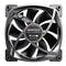 Black computer fan with bright company logo in the centre, displaying model number and specifications. Fan is used for cooling.