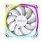 A white computer fan with rainbow LED lighting. The brand name 'Montech' is visible in the centre of the fan.