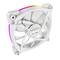 A white computer fan by Montech with rainbow LED lighting on the sides, suitable for PC cooling and decoration.