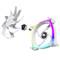 Dismantled computer fan with detachable rotor blades, motor, and frame with RGB lighting.