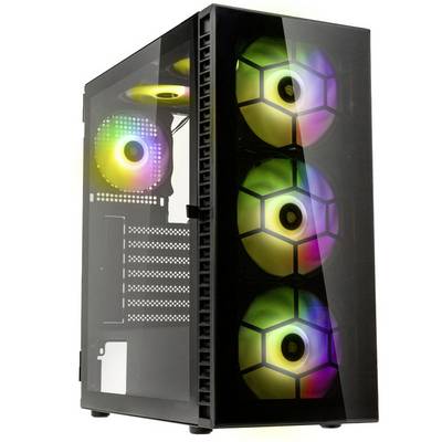 Black PC tower with glass front reveals three illuminated fans with rainbow effect, interior partially visible.