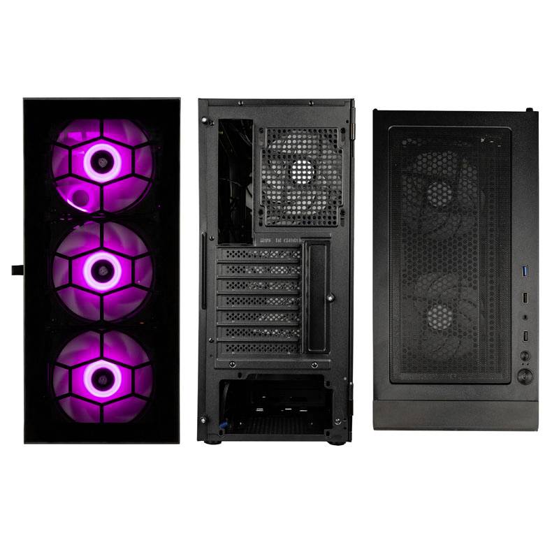 'PC case with purple-illuminated fans at the front, open back with expansion slots and side-mounted connections.'