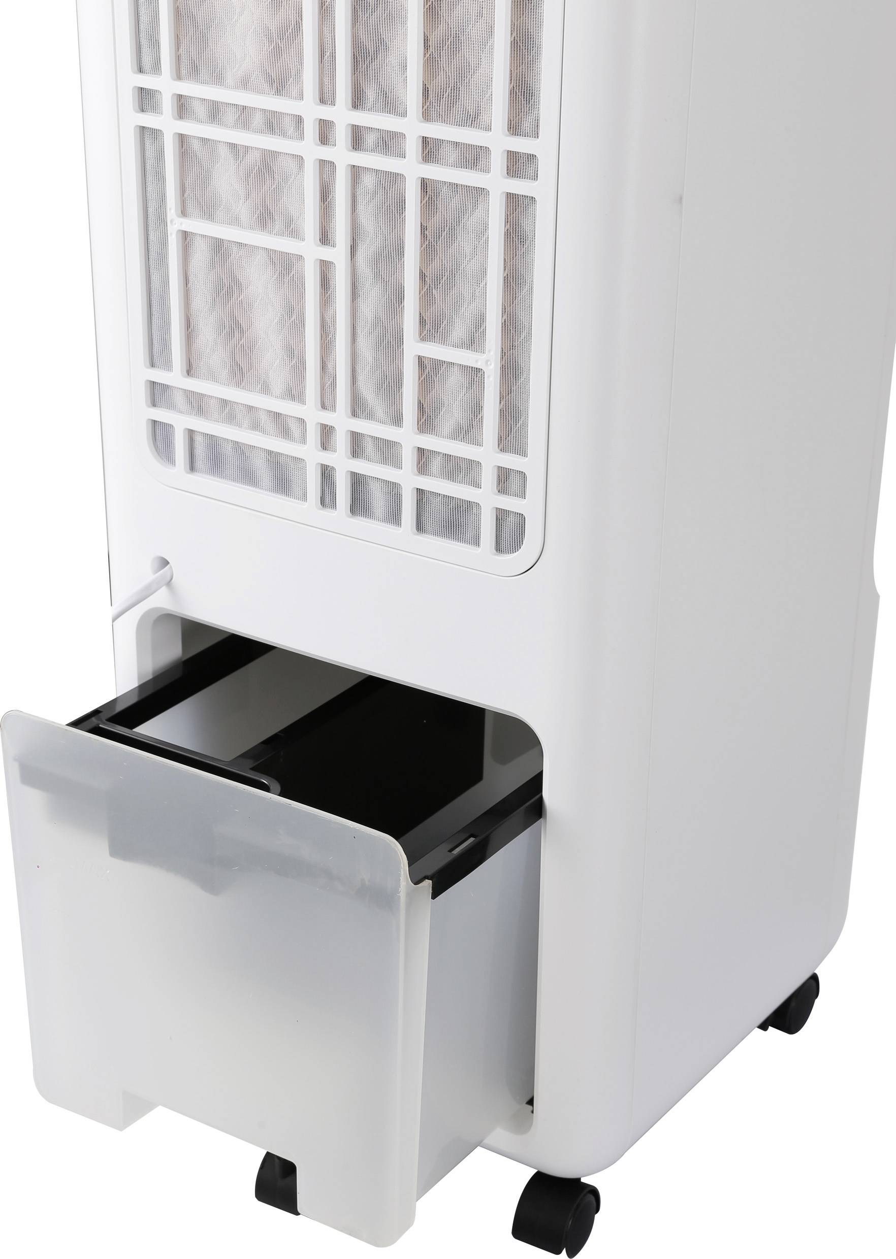 A white dehumidifier with a visible front panel grid and an open water collection tray at the bottom, showing its storage capacity.