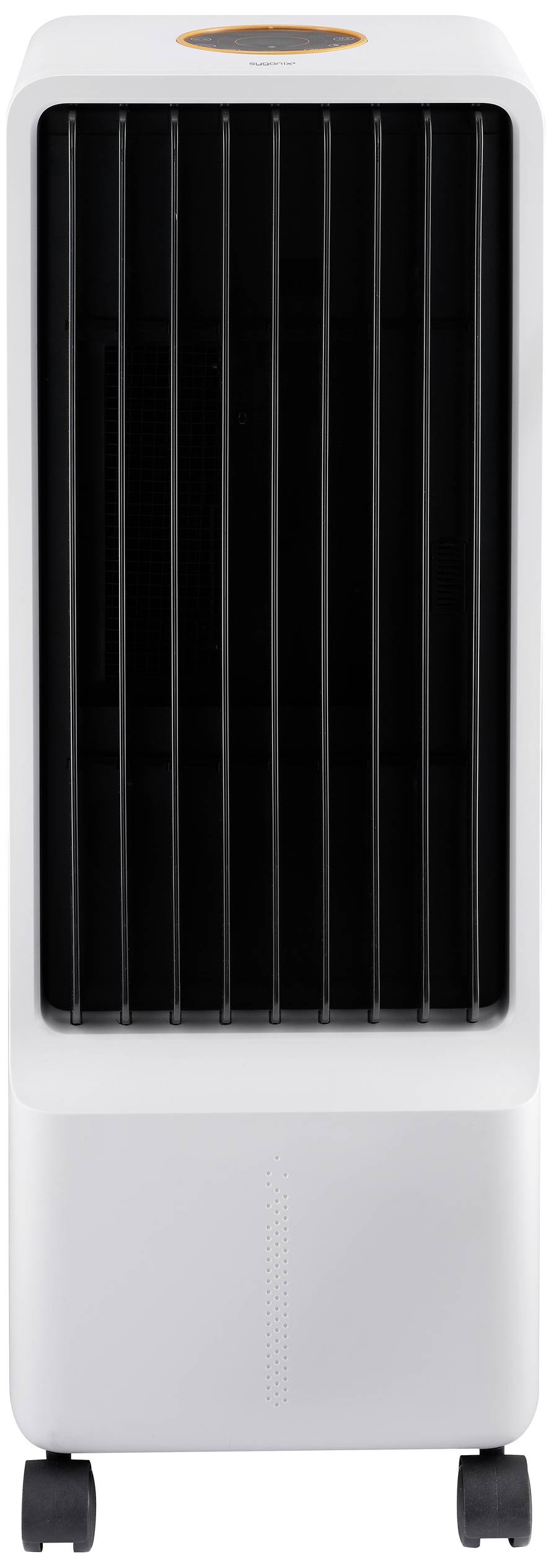 A mobile air cooler with white edges, black fins, and castors on the bottom for easy manoeuvrability.