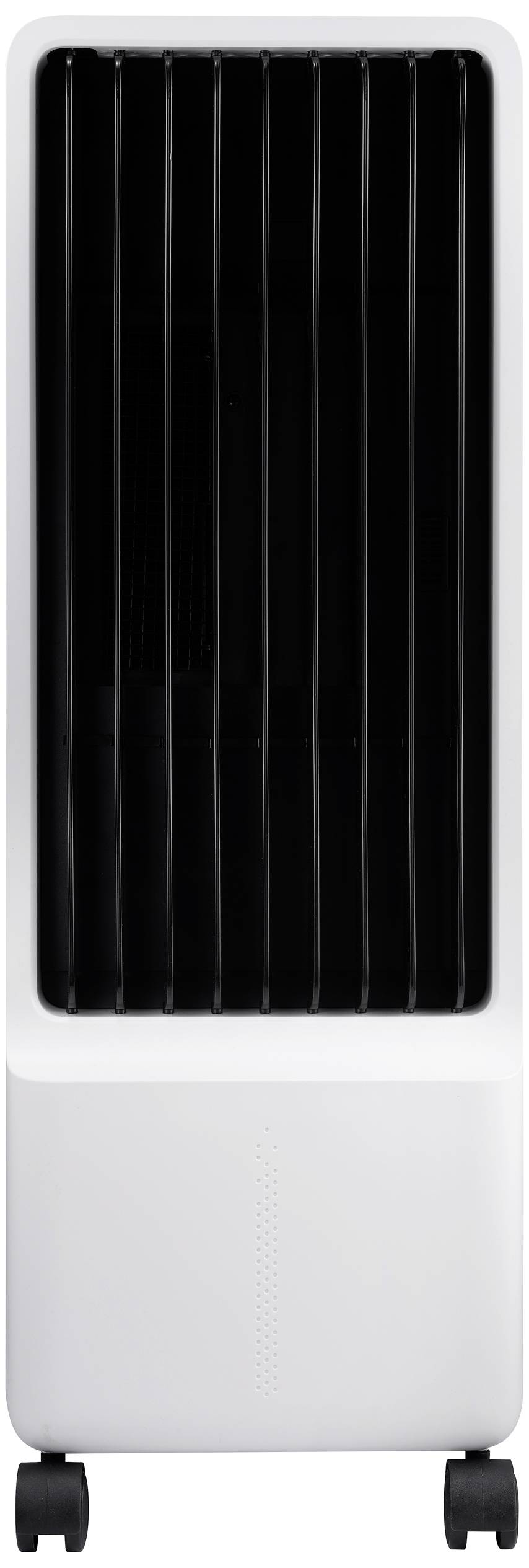 A portable white air cooler with black ventilation slots at the front and wheels underneath, suitable for efficient room ventilation.