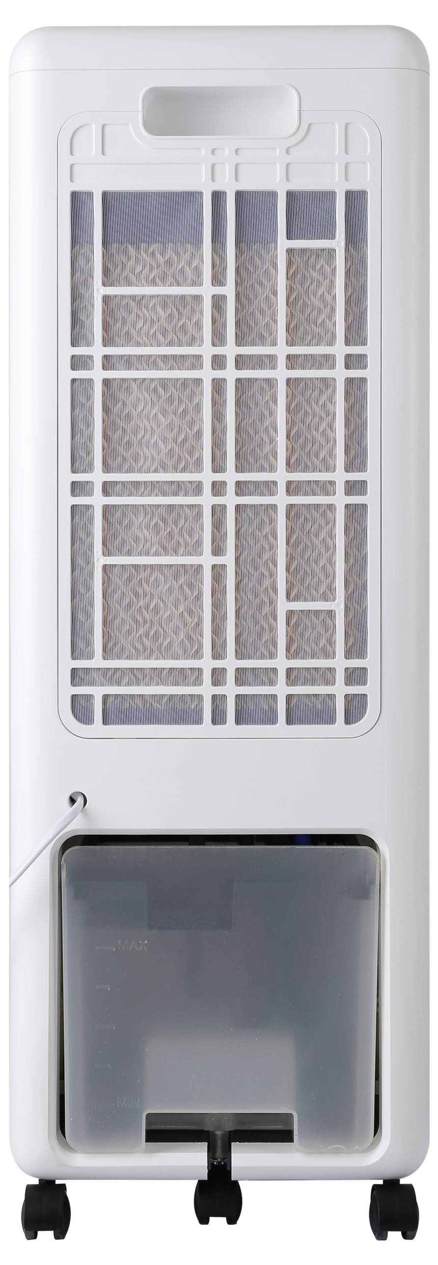 A white portable air cooler with a rectangular shape, mesh front panel, visible water tank at the bottom, and wheels for mobility.
