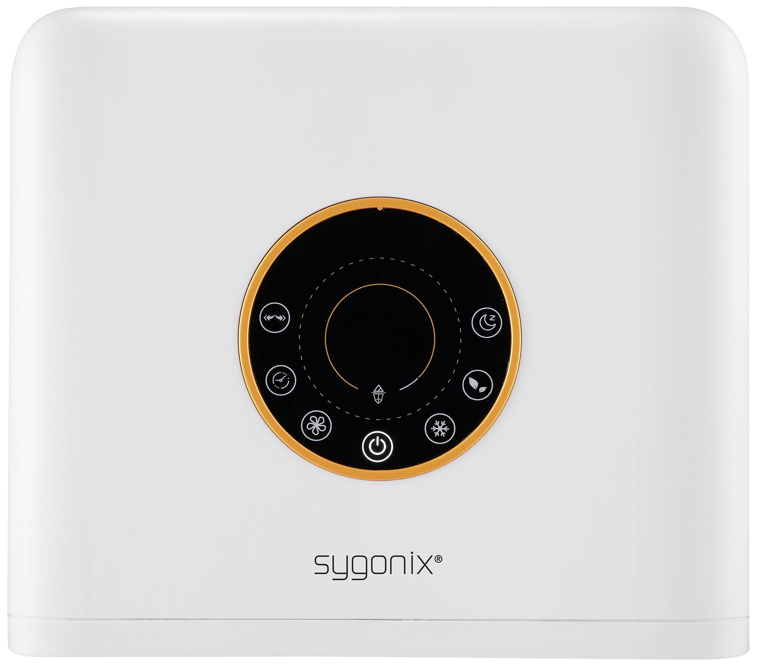 A white appliance with a black, circular control panel in the centre. The control panel features several symbol buttons for operation.