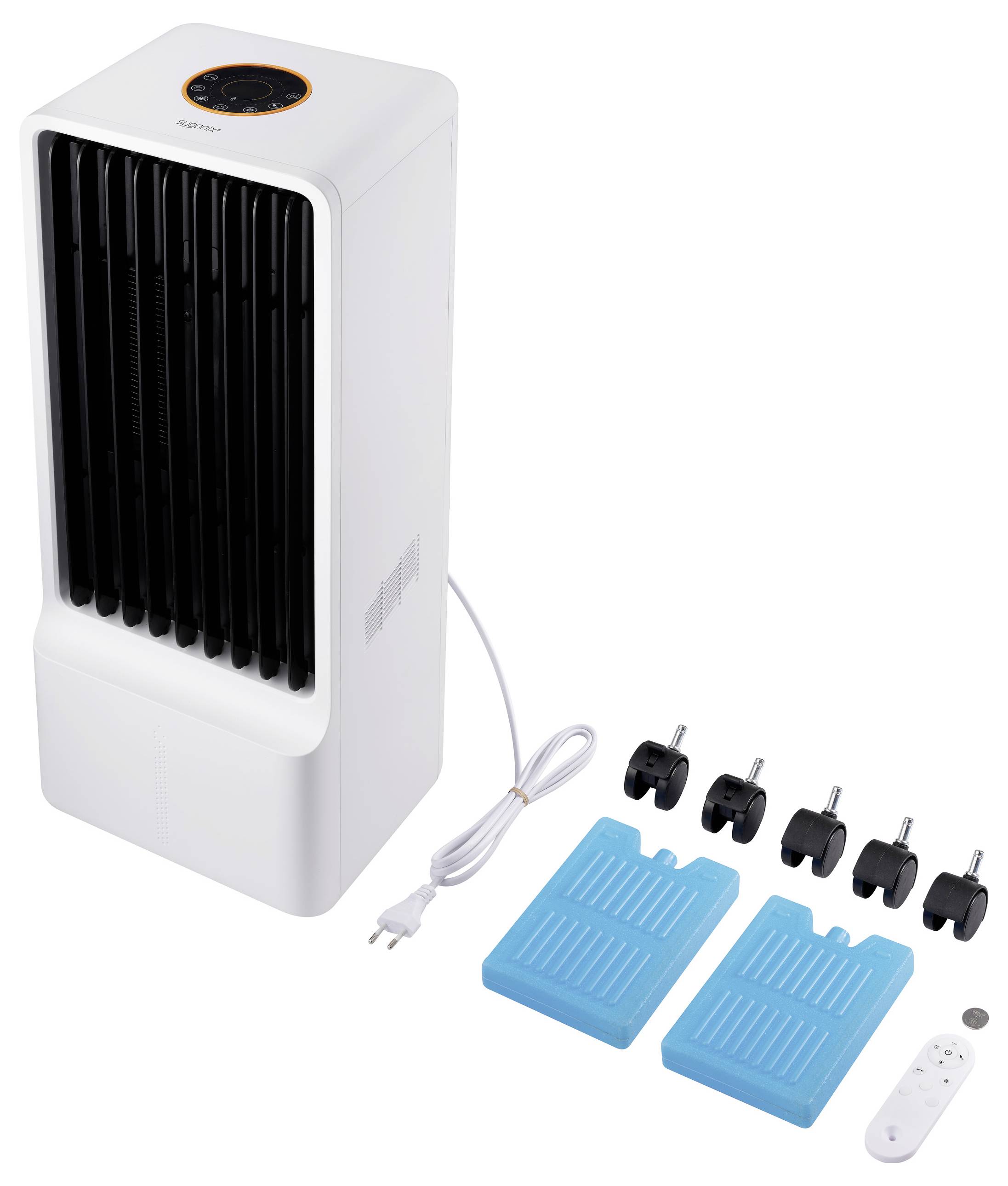 Portable air cooler with oscillating vents, four wheels, two blue ice packs, power cord, and remote control for easy operation.