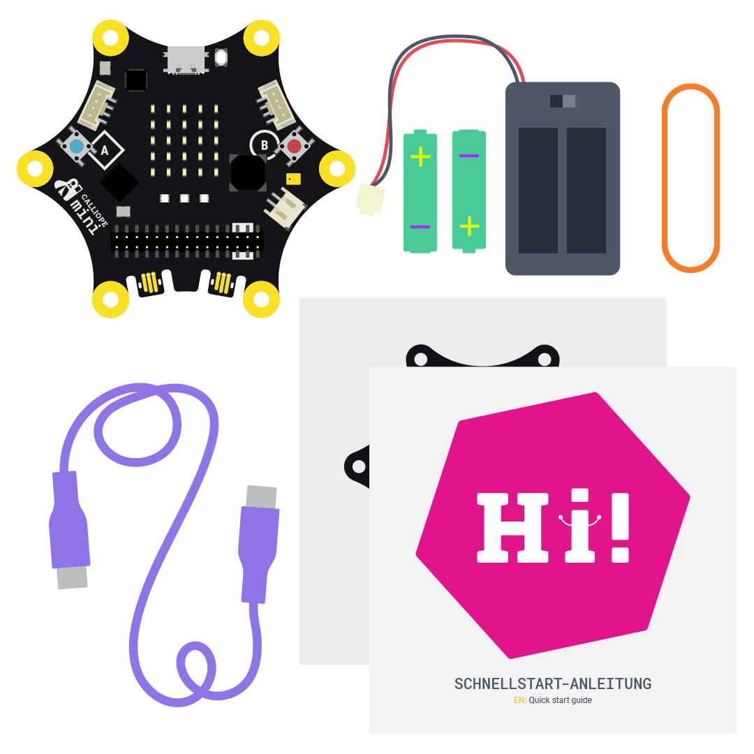 Microcontroller Set with circuit board, battery compartment, cables and quick-start guide. Ideal for electronic projects and experiments.