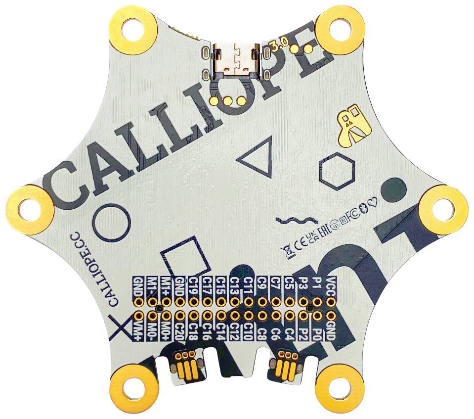 A Calliope Mini circuit board with labels and connections; hexagonal shape with gold-coloured contacts and graphical elements.