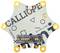 A Calliope Mini circuit board with labels and connections; hexagonal shape with gold-coloured contacts and graphical elements.