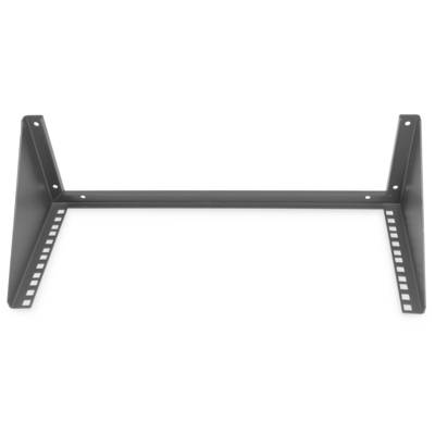 A black, wall-mounted metal shelving unit with screw holes for mounting. It features side supports and a minimalist design.
