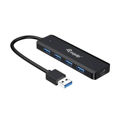 USB hub with black casing, four USB 3.0 ports and a cable with USB plug.