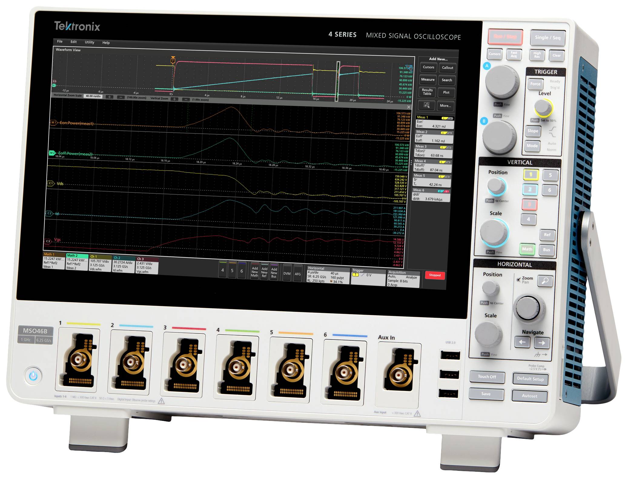 Oscilloscope with a large screen displaying multiple electronic wave signals and measurement parameters. Control buttons on the right.
