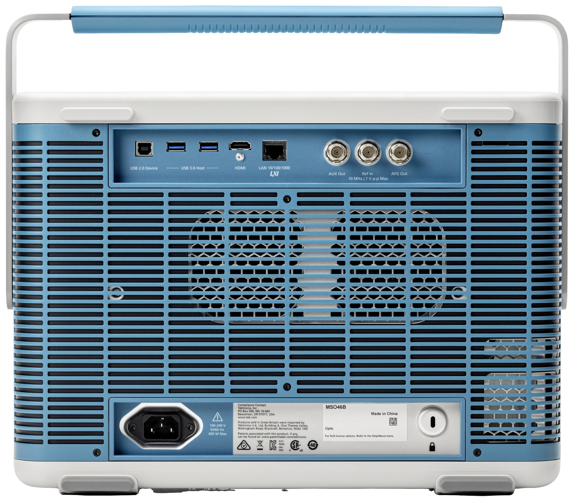 Back of a blue device with various ports: USB, LAN, antenna connections, and power socket, with a focus on the technology.