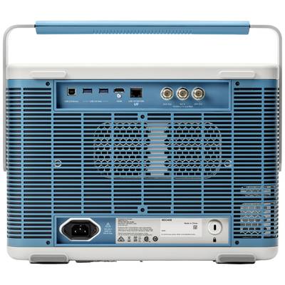 Back of a blue device with various ports: USB, LAN, antenna connections, and power socket, with a focus on the technology.