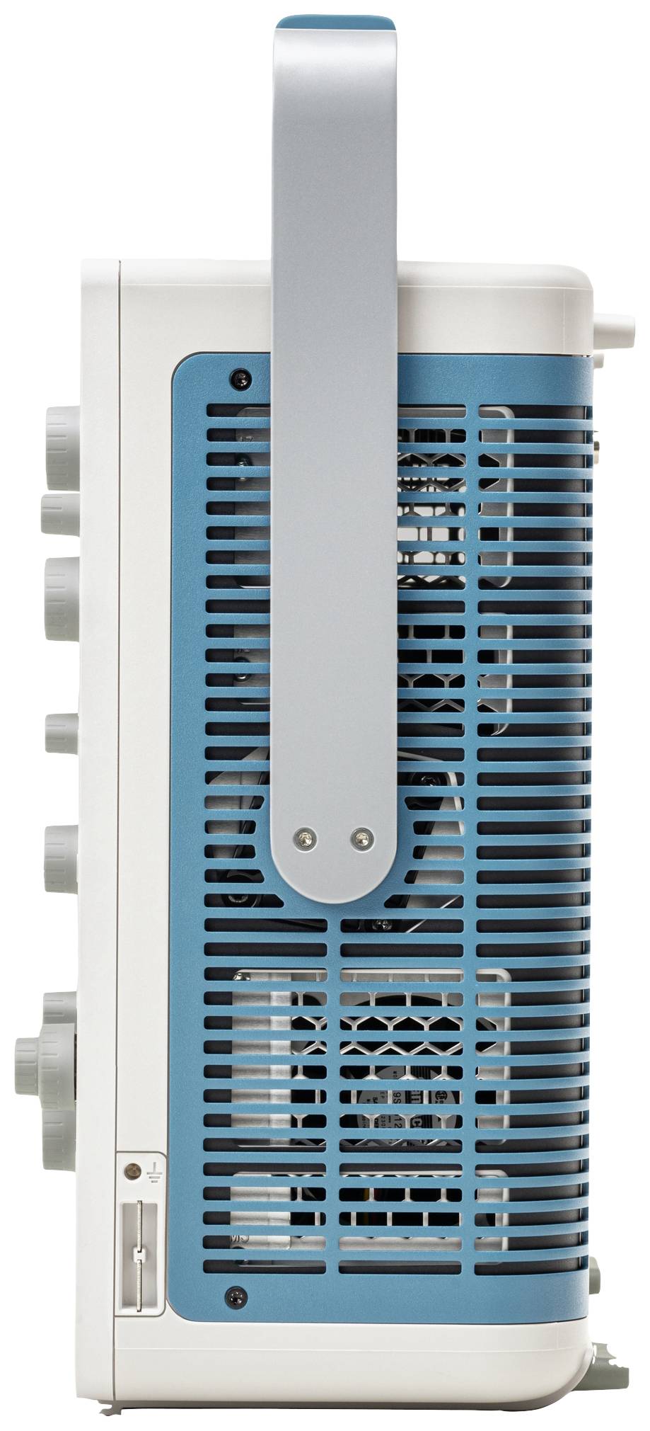 Portable radio viewed from the side. It has a blue ventilation area and a silver handle. Buttons on the side are visible.