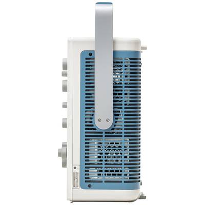 Portable radio viewed from the side. It has a blue ventilation area and a silver handle. Buttons on the side are visible.