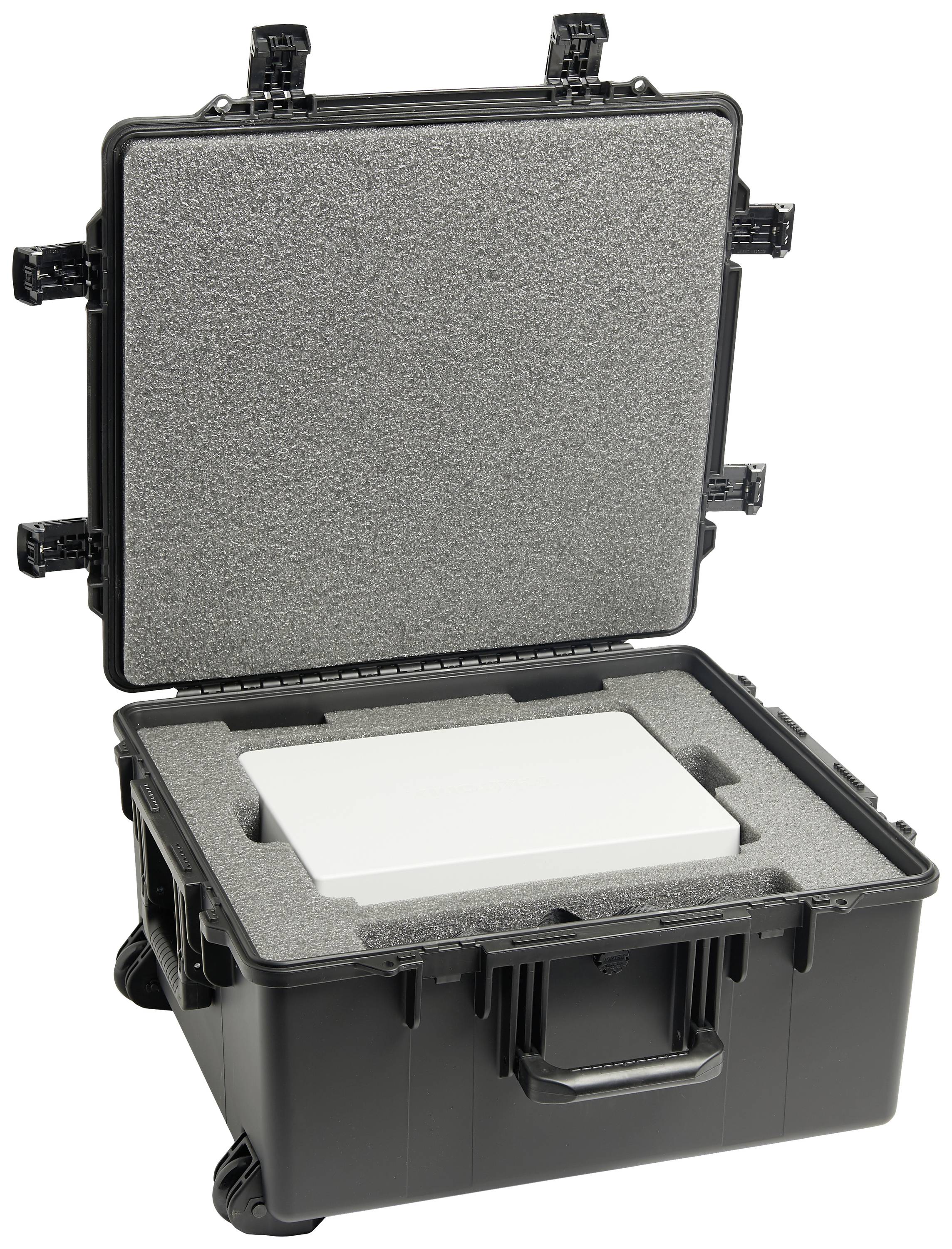 Black protective case with foam lining, open, showing a packaged rectangular device, ready for transport or storage.