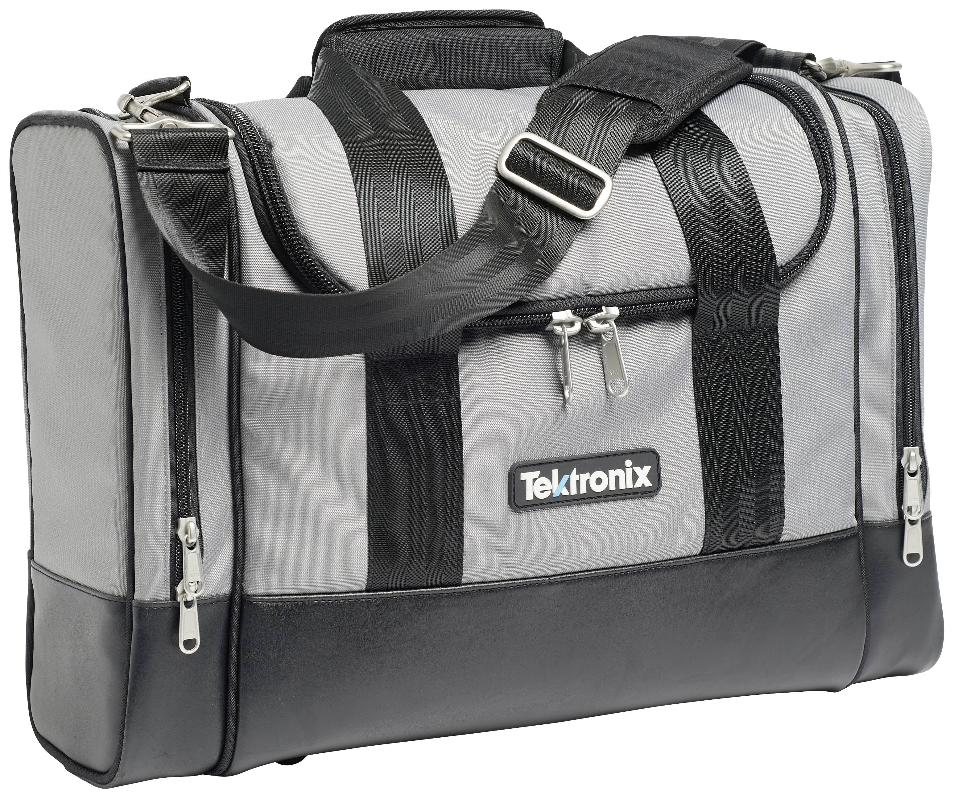 Grey-black messenger bag with 'Tektronix' logo, multiple zips, and an adjustable shoulder strap.