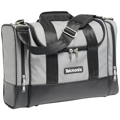 Grey-black messenger bag with 'Tektronix' logo, multiple zips, and an adjustable shoulder strap.