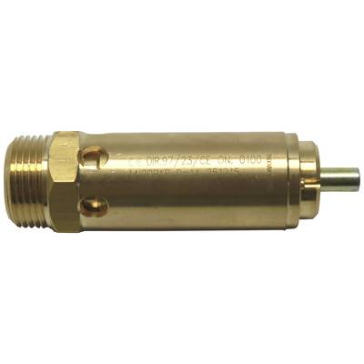 Brass safety valve with threaded connection, side engraving with specifications and a pin at one end.
