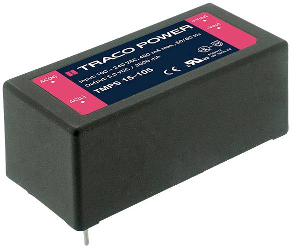 'Traco Power TMPS 15-105' Power Supply Module, Input: 90-264 VAC, Output: 5 VDC/3 A. Rectangular shape, black colour, red labelling.