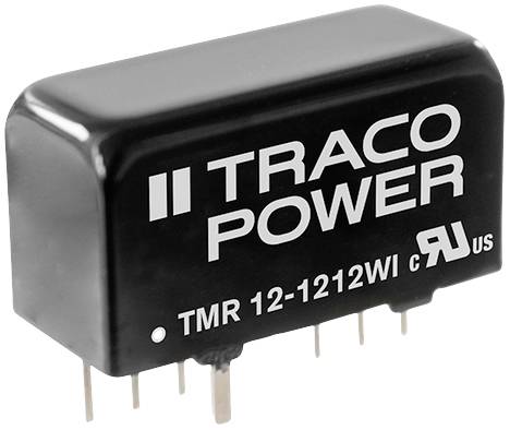 Black Traco Power voltage converter with the inscription 'TMR 12-1212WI'. Several connection pins visible on the underside.