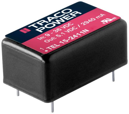 A black Traco Power voltage converter with the print 'In: 9-36 VDC, Out: 5.1 VDC, 2840 mA', Model TEL 15-2411N.