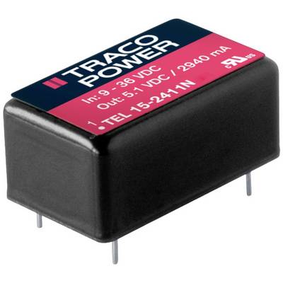 A black Traco Power voltage converter with the print 'In: 9-36 VDC, Out: 5.1 VDC, 2840 mA', Model TEL 15-2411N.