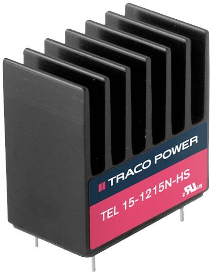 Electronic component with a black heat sink, labelled 'TRACO POWER TEL 15-1215N-HS', on a white surface.