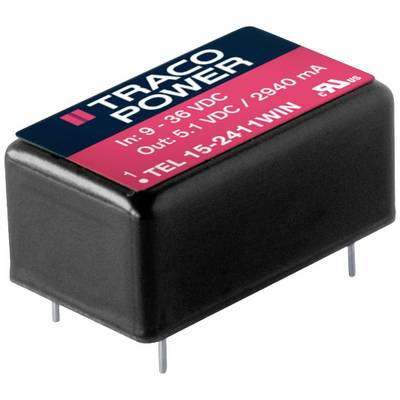 Rectangular, black Traco Power module with red and white markings. Input: 9–36 VDC, Output: 5 VDC, 2940 mA. For industrial applications.
