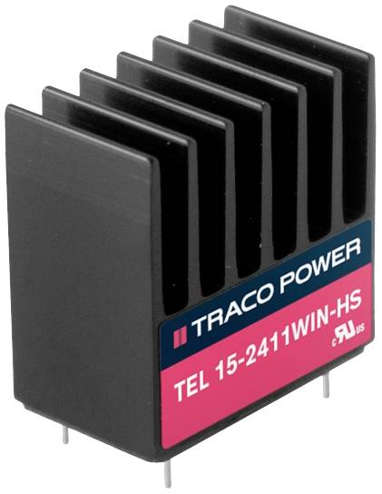 'Heat sink by TRACO Power, model TEL 15-2411WIN-HS, with black cooling fins and a pink label.'