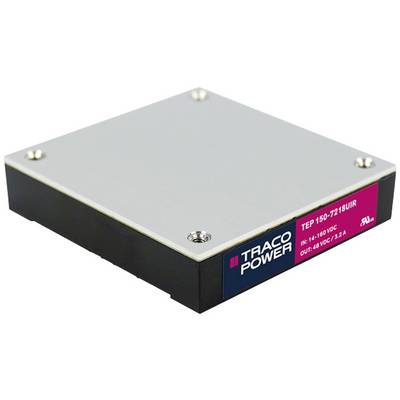 A rectangular Traco Power module, model TEP 150-7218UIR, shows input and output voltages of 16-160VDC and 48VDC/3.2A.
