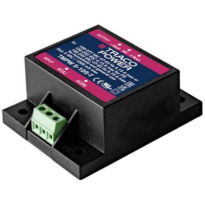 A black electronic module with green connectors and a red label. Label reads: 'TRACO POWER INPUT AC/IN'. Power supply adapter.
