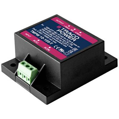 A rectangular electronic device with a red label displaying technical specifications and connectors for input and output current.