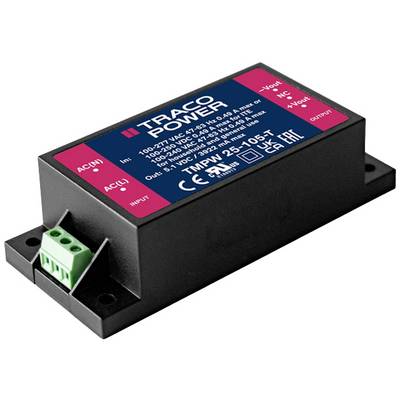 'TRACO POWER' voltage converter, rectangular black housing, with green connector at the front, red label with specifications on top.