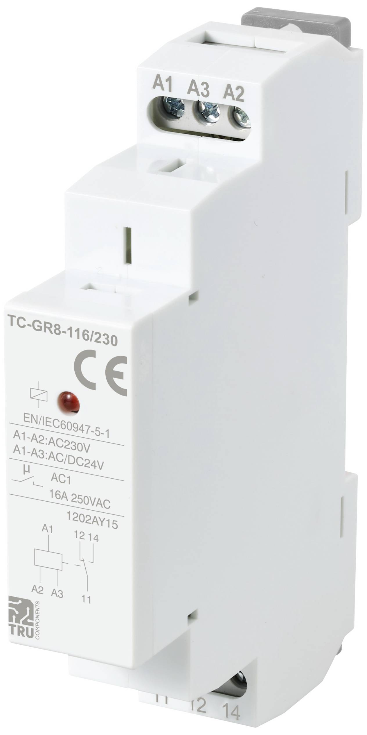 Image of an electromechanical relay with CE marking. Features multiple connection terminals and technical details on the front.