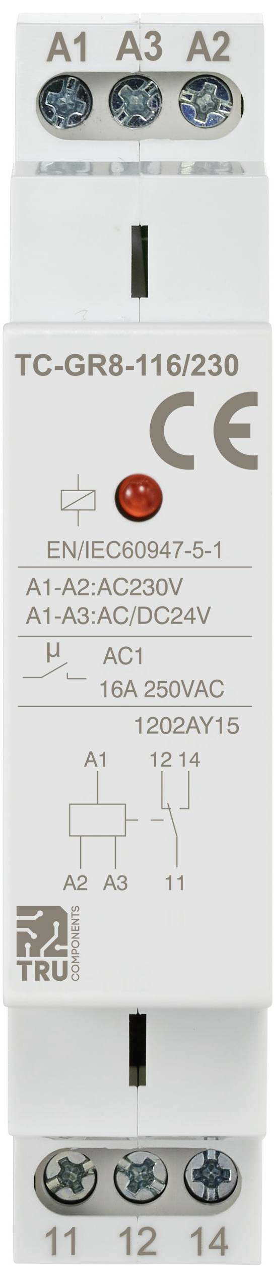 Electric relay in a white housing with CE marking. It displays technical specifications, such as voltage and current rating.