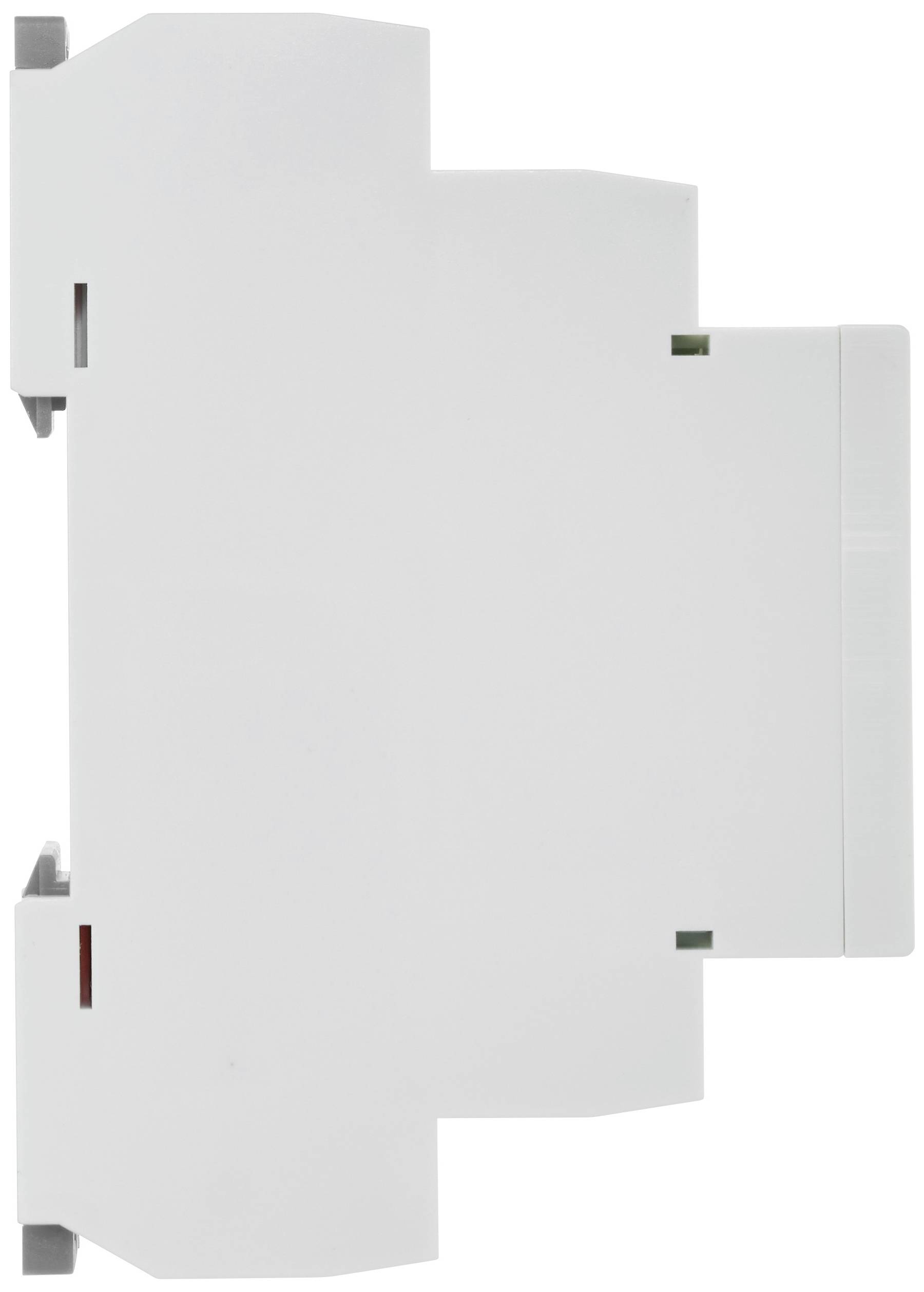 A white electrical device, presumably a DIN rail adapter, with a rectangular shape and multiple connections on the side.