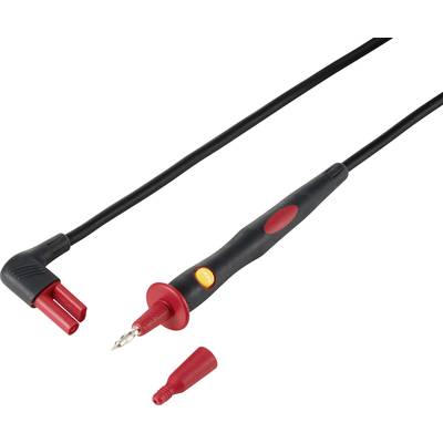 A red test probe device with a removable cap and black cable, used for electrical testing and measurements.