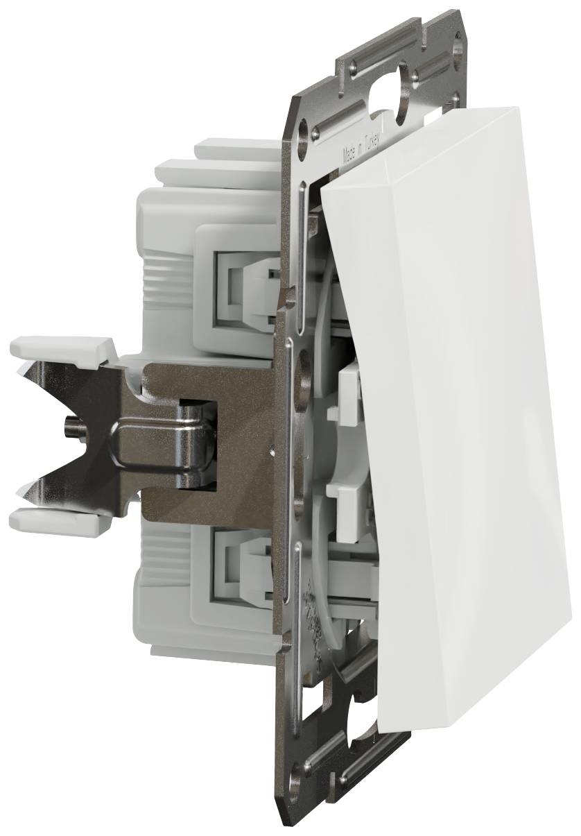 A toggle switch viewed from the side, showing its internal mechanism with metal and plastic components, ready for installation.