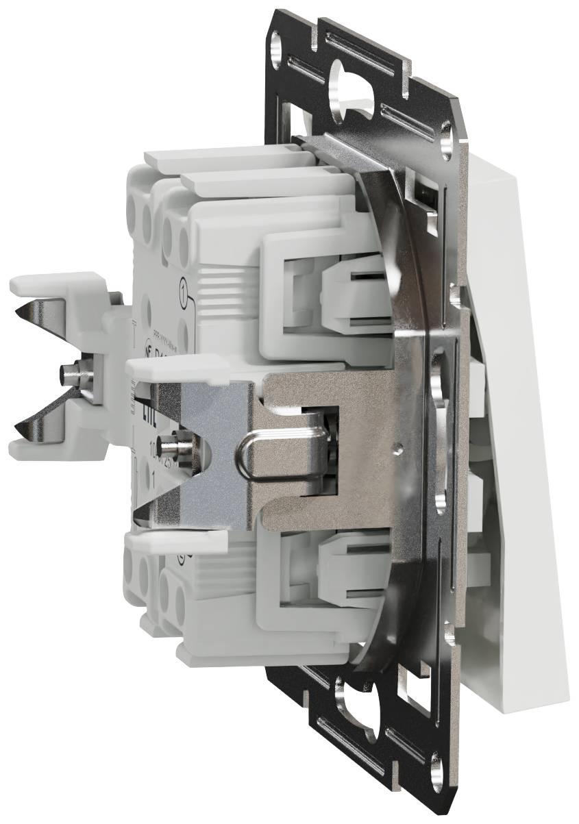 Side view of a wall switch with a white cover and metallic frame, showing the connections and mounting elements.